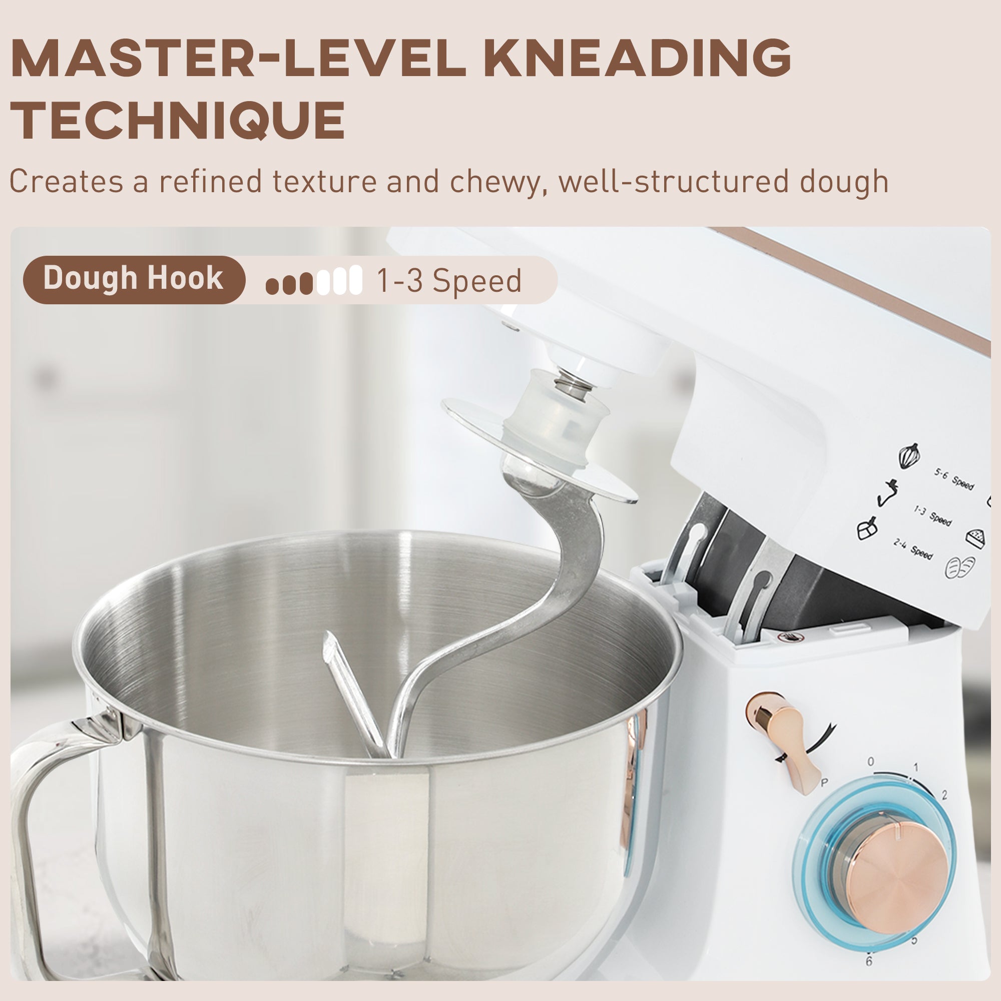 HOMCOM Stand Mixer, 5L Food Mixer for Baking, 6 Speeds and Pulse Setting, 1400W Cake Electric Kitchen Mixer with Dough Hook, Whisk, Stainless Steel Bowl, Splash Guard, Beater, White